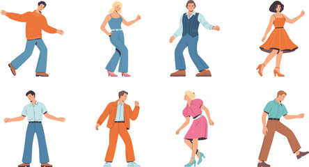 Retro dancing people illustration set featuring men and women in vintage outfits, dance poses, fun movement, joyful characters, classic style artwork