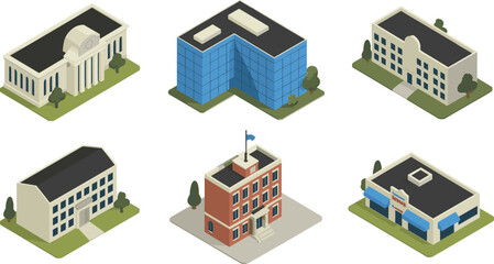 Set of six isometric 3D buildings including office, school, museum, government and commercial structures for architecture and city design