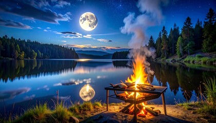 night lakeside cooking fresh fish small grill moonlit water shimmering reflections soft smoke rising gentle air peaceful scene natural flavors rustic outdoor meal serene atmosphere quiet warmth