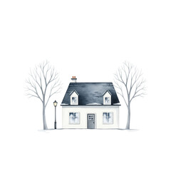 Watercolor illustration of a charming house with trees isolated on transparent background