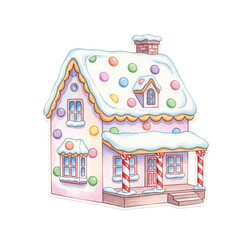 Whimsical gingerbread house decorated with colorful candies isolated on transparent background
