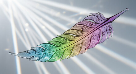 A beautiful, iridescent rainbow feather under dramatic light rays, a perfect artistic concept for creativity, lightness, and inspiration