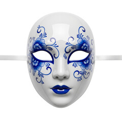 White venetian mask with blue floral design isolated on transparent background