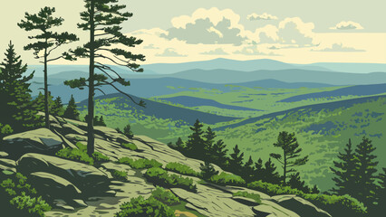 Scenic mountain landscape with tall trees and rolling hills under a cloudy sky is depicted here