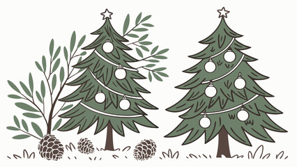 Two christmas trees with star and ornaments next to a leafy tree and pine cones on the ground