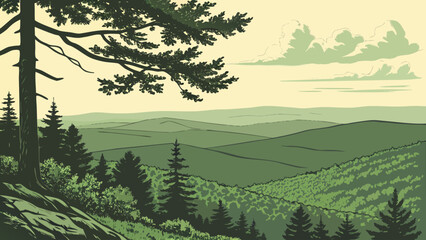 Illustration of a landscape with green hills, trees and clouds in the sky with a large tree branch 100