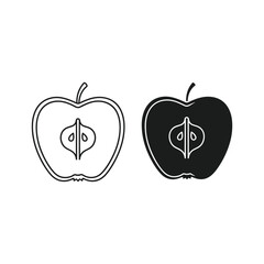 Two apple halves, one in outline and one in solid, isolated on