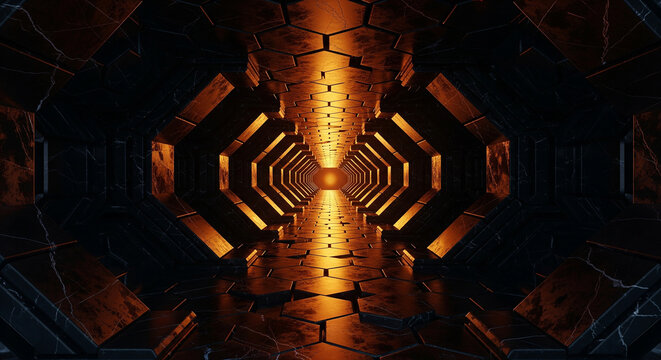 A futuristic, industrial tunnel with glowing orange lights and a symmetrical design, a perfect sci-fi background for technology or gaming concepts - Powered by Adobe