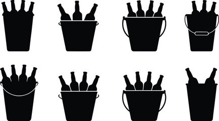 Beer bottles in bucket silhouette collection, beverages in ice container vector set, drink party cooler graphic icons for bar, pub celebration design © Creatives Mind