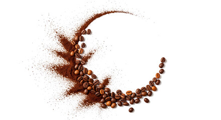 A Crescent Moon Shape Formed by Coffee Beans and Powder on a White Background