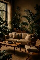 Fototapeta premium Cozy living room with plants and comfortable furniture.