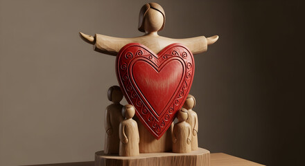 Wooden parent figure protecting children with red heart shield symbolizing love safety and family pr 28941592 1