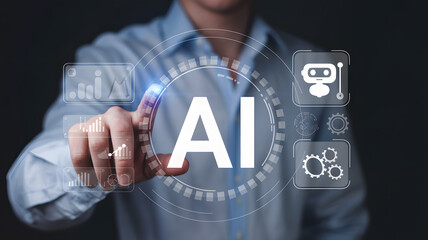 Naklejka premium Man interacting with ai future