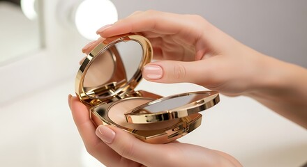 Woman's hands holding a golden compact mirror with powder for makeup application and beauty routine