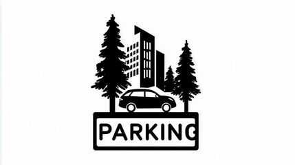 A parking sign, a vector black-and-white simple icon with the text parking on it, a car in front of a building, pine trees, in a flat design style