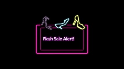 Neon flash sale alert sign with shoe icons in pink blue and yellow on a black background