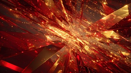 Abstract geometric digital art with dynamic red gold metallic shards and glowing light effects creating a futuristic visual composition