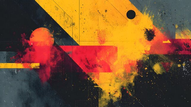 Abstract geometric background with vibrant paint splashes and bold shapes in yellow red black and dark teal colors for modern art design