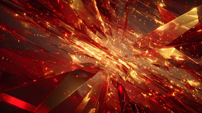 Abstract geometric digital art with dynamic red gold metallic shards and glowing light effects creating a futuristic visual composition