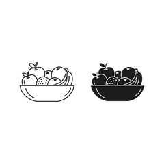 Fruit bowl with apple, orange, and banana in outline and filled black, isolated on