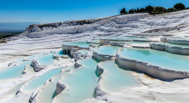 Wide panoramic view of white travertine terraces and turquoise mineral pools under clear sunny sky 32529259 1