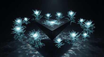 A mystical, dark scene with a central pyramid surrounded by glowing ice flowers, a perfect concept for fantasy, magic, and mysterious worlds