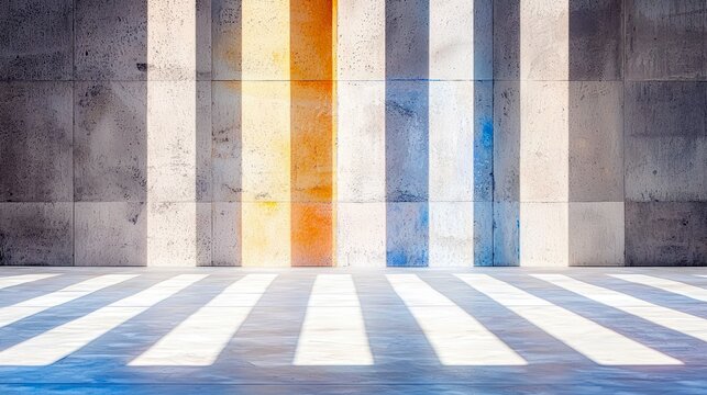 Geometric pattern of sunlight and shadow stripes creates an abstract visual effect on a textured concrete wall and floor.