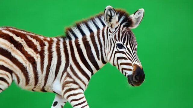 Close up of a young zebra walking with a green background in a studio environment showing detail zebra green screen video