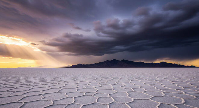 A vast and dramatic salt flat landscape under a stormy sky at sunset, a perfect atmospheric and minimalist image for travel and nature - Powered by Adobe
