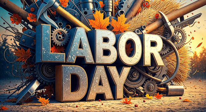 Labor day celebration with tools and autumn leaves in a festive arrangement for the holiday - Powered by Adobe