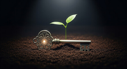 An old key unlocking the soil for a new green sprout to grow, a perfect concept for unlocking potential, new beginnings, and sustainable growth