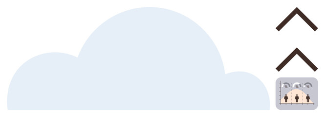 Cloud shape with upward arrows and small illustration of collaboration. Ideal for technology, data growth, cloud computing, connectivity, innovation, teamwork, digital trends. Simple flat metaphor