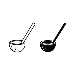 Simple illustration of two traditional coconut shell ladles, outline and filled