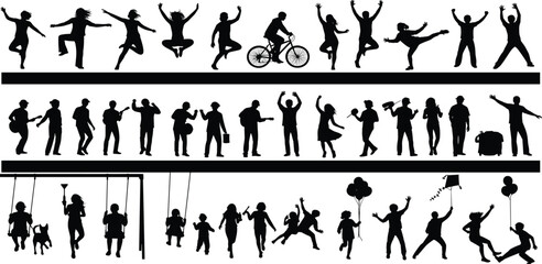Diverse Silhouettes Collection of People Engaging in Leisure Activities, Including Dancing, Biking, Playing Music, and Swinging, Active Lifestyle and Freedom Vector Illustration.