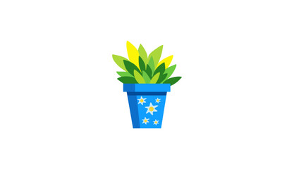 Stylized Potted Houseplant Illustration with Green and Yellow Leaves in a Blue Star-Decorated Planter, Flat Design Icon on White Background