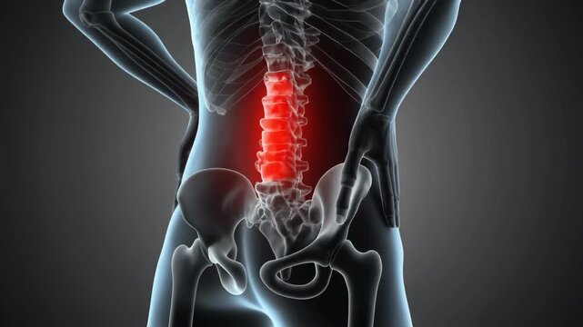 3D animation showing a male figure holding his lower back, with the spine highlighted in red to denote fatigue, injury, or acute pain.