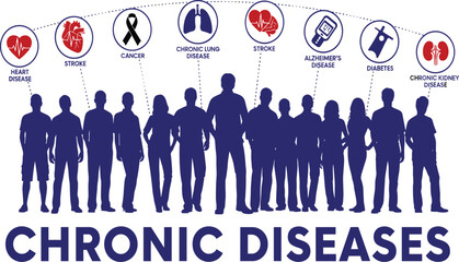 Chronic Diseases Infographic Vector Illustration Linking Silhouettes to Major Illnesses, Including Heart Disease, Cancer, Stroke, Diabetes, and Alzheimer's, Health Awareness Concept.