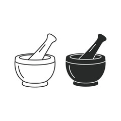 Two mortar and pestle icons, one outline and one solid, isolated on