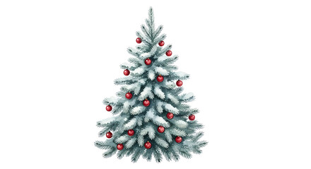 Beautiful watercolor illustration of a snow-covered Christmas tree decorated with festive red baubles on a white background