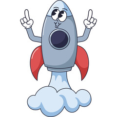 Retro Pixel Art Cartoon Rocket Ship with Red Fins and Blue Smoke Blastoff with Smiling Face and Excited Eyes Pointing Upwards