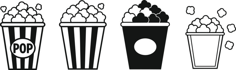 Popcorn bucket icon set with striped boxes and snack kernels, cinema movie food vector illustration collection for entertainment, festival and theatre design