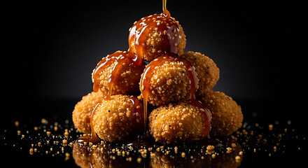 Irresistible crispy fried chicken bites generously drizzled with sweet savory glaze and sesame seeds create a mouthwatering appetizer.