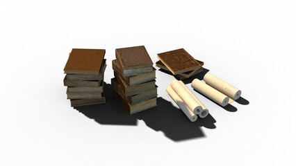 古文書 考古学 時代考証 シンボル 本 巻物 書籍 古書 3CGレンダリング画像 影付き 透過影 半透明影 透過PNG