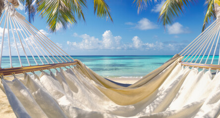 Relaxing in a hammock on a tropical beach with palm trees and turquoise water invites you to escape and unwind, perfect for travel ads and vacation vibes