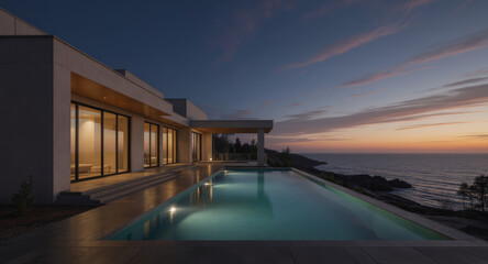 Fototapeta premium Experience luxurious living with a modern oceanfront home and stunning infinity pool at twilight, offering serenity and breathtaking views for upscale lifestyle designs