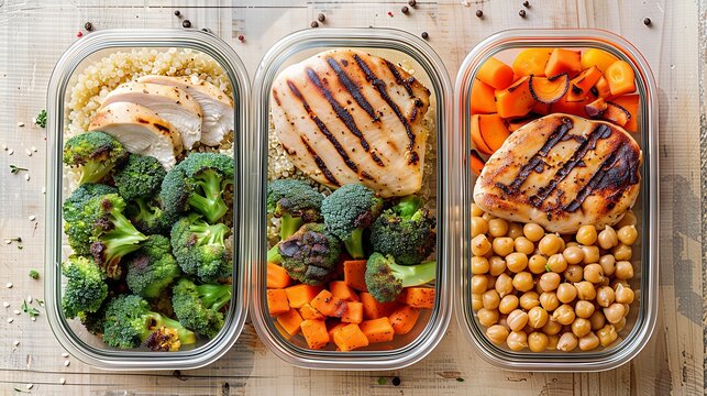 Three Healthy Balanced Meal Prep Boxes: Grilled Chicken, Quinoa, Chickpeas, and Roasted Vegetables, High-Protein Low-Fat for Fitness Shaping and Busy People's Weekly Diet.