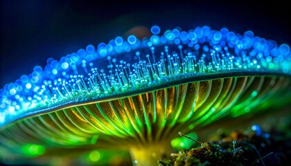 macro closeup bioluminescent mushroom spores glowing blue green faint light extreme detail fungal cap dark ambient organic particles microscopic texture luminous natural shine rare biology close shot 