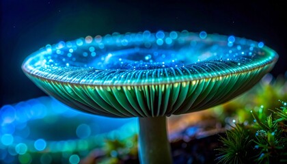 macro closeup bioluminescent mushroom spores glowing blue green faint light extreme detail fungal cap dark ambient organic particles microscopic texture luminous natural shine rare biology close shot 