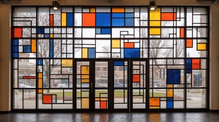 Obraz premium Geometric stained glass window with colorful squares and rectangles.
