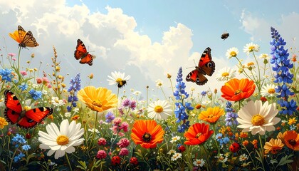 Vibrant Meadow - A Symphony of Butterflies and Blooming Flowers.